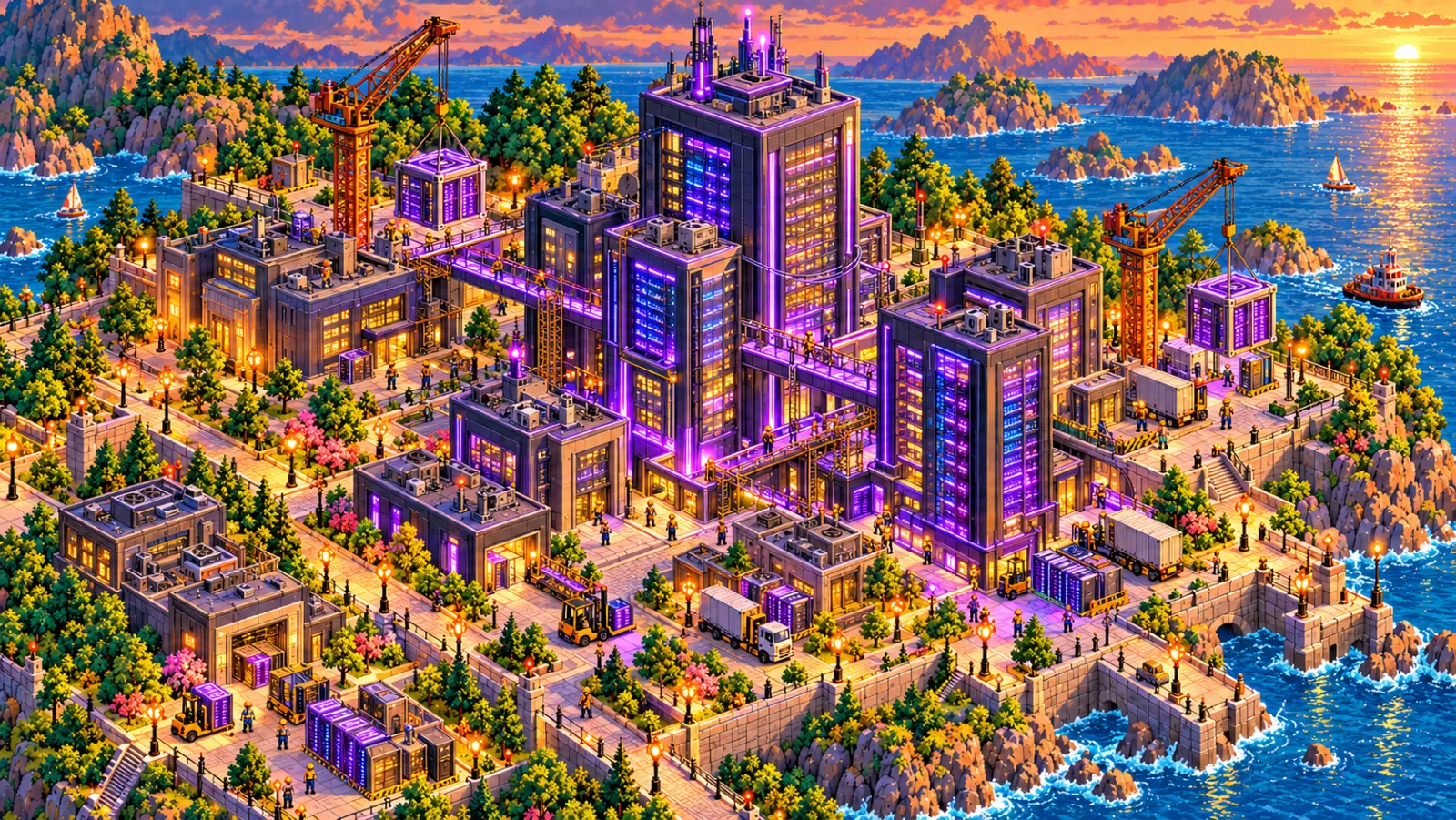 The AI Models district: purple glass towers and data vaults lifted by cranes at dusk.