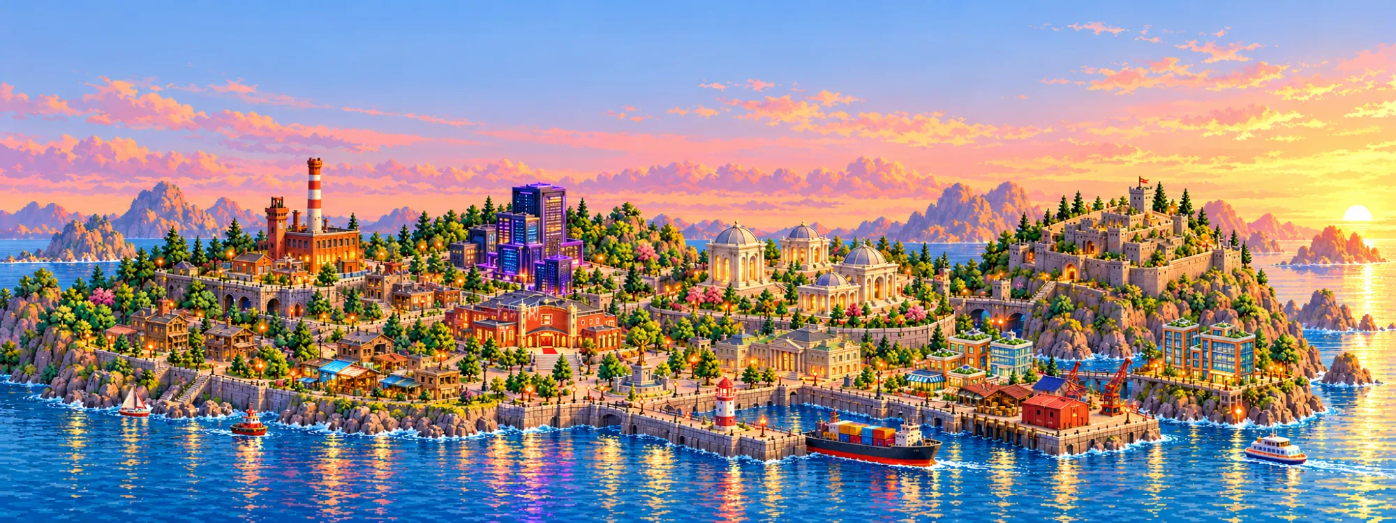 The island city's skyline from the sea at sunrise.