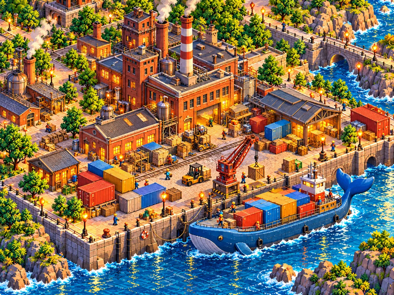 The Developer district: brick factories, stacked crates and containers being loaded onto a barge.